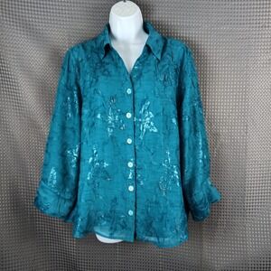 Coldwater Creek Teal Blue Shimmer Crinkle Floral Button Down Blouse Lined Womens